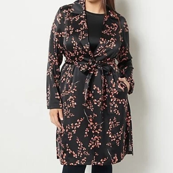 J Jason Wu Women's Woven Printed Lightweight Satin Floral Trench, Black Pink XL - Picture 3 of 9